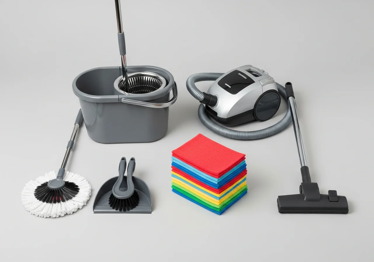 Farbcodierte Microfasertücher, Eimer, Kehrset und Staubsauger – unser Reinigungsmaterial